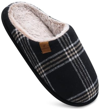 COFACE Schwarz Herren Rückstellschaum hausschuhe, warme plaid Pantoffeln für manner, flauschig plüsch Gefüttert mit Rutschfeste Gummisohle Größe 44EU