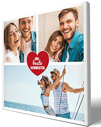 wandmotiv24 Leinwandbild 260 g/m ² - Foto-Collage mit 3 Fotos - Fotogeschenk - Geschenk für Schwester - Kunstdruck quadratisch 20x20cm (BxH) - die Beste Schwester - M0024