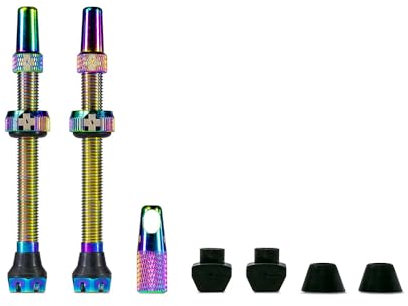 Muc-Off Regenbogenfarbige Presta Tubeless Ventile, 44 mm - Hochwertige Anti-Leck Fahrradventile mit integriertem Werkzeug zum Entfernen des Ventilkerns