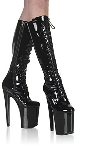 TIKENBST High Heels 20CM Mittelrohr Pole Dance Lacklederstiefel,Black-39