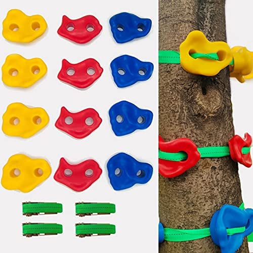 scosao Baumklettern Klettergriffe Baum Klettersteine Kinder Outdoor Klettern Klettertraining Set mit 4 Ratschengurte zum Ninja Warrior Trainingsgeräte(12pcs)
