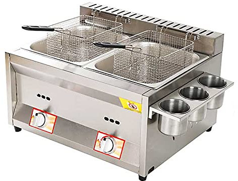 Wonetfls Freidora de Gas, freidora de Gas Profesional de Acero Inoxidable Comercial con Cuchara de Cesta para encimera de Restaurante Comercial Máquina para cocinar Alimentos
