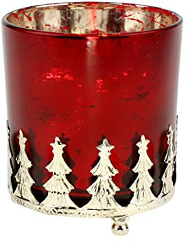 Wunderschönes hochwertiges Windlicht festes kompaktes Glas, außen rot und innen golden, das Glas steht in einem Metallgestell mit silbern Tannen und kleinen Füßen. Größe 10 x 11 cm rot/Gold/silber
