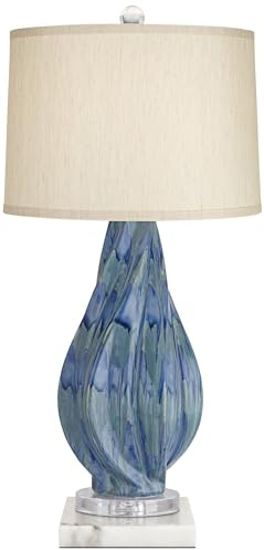 Possini Euro Design Teresa Modern Coastal Table Lamp 31 Tall with Square White Marble Riser Teal Ceramic Beige Drum Shade for Bedroom Living Room Nightstand Bedside Night Stand Office Kids Room