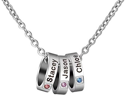 Mutter Namenskette mit 1-6 Kinder Name Perlen und Geburtssteinen Personalisiert Familiennamen Anhänger Gravur Ring Halskette, Muttertags-Schmuckgeschenke Edelstahl Silber Roségold, Custom Oma Kette