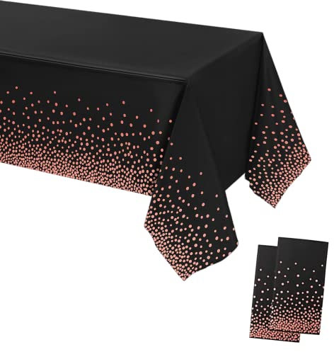POPOYU 2Pcs Black Rose Gold Dotted Confetti Party Table Cloth,54 * 108 inch Large Plastic Waterproof Table Cover Rectangular Tablecloth for Birthday,Graduation,Wedding,Picnic,Party Decoration