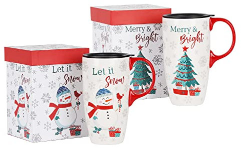Topadorn Christmas Ceramic Mug with Matching Box Coffee Mug with Handle,17oz. Christmas Tree and Snowman