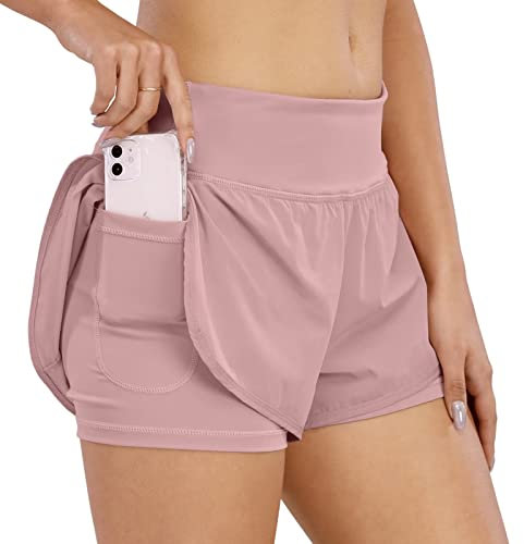 COTOP Laufhose Damen Kurz, 2 in 1 Sporthose Kurze Sommer mit Tasche, Midwaist Sport Shorts Teenager Mädchen mit Elastisch Unterhose für Volleyball, Joggen, Gym (Rosa M)