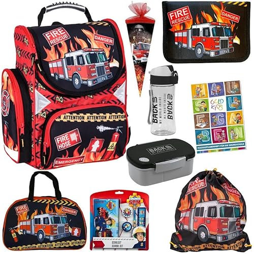 Feuerwehr Firefighters Schulranzen Grundschule ergonomischer Ranzen Federmappe Federtasche ohne Inhalt Turnbeutel Brotdose Trinkflasche Zuckertüte Schulset Sporttasche Aufgabenheft 9er Set Fire