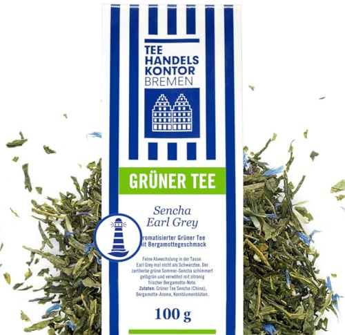 Hochwertiger Grüner Tee lose Sencha Earl Grey 100 g Bergamotte frisch | Zartherber Sommer-Sencha aus China, Gelbgrüne Tasse mit zitronig frischer Note, Verfeinert mit Kornblumenblüten