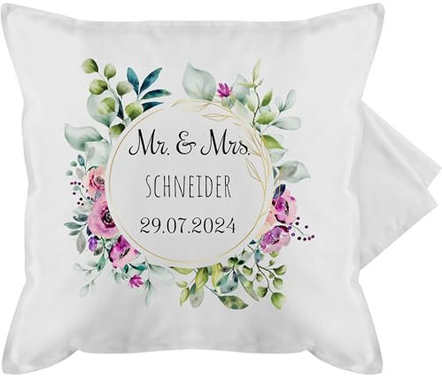 Kissenbezug - Deko Kissen Damen bedruckt - Mr and Mrs - Datum Name Hochzeit - 50 x 50 cm - Weiß - wunschtext hochzeits kissenhülle mr. und mrs. kissenbezüge mr& kopfkissen & cushion hochzeitstag