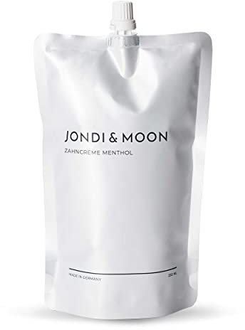 JONDI&MOON® Menthol Zahncreme - 250ml Nachfüllbeutel für nachfüllbaren Zahnpasta Spender - Natürliche Inhaltsstoffe, Vegan, mit Fluorid - Für weiße Zähne, Frischer Menthol-Geschmack