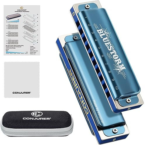 CONJURER Blues Mundharmonika für Anfänger Kinder D Dur Blues Harp 10-Loch Diatonische Harmonika Instrument Muntamonika mit hochwertigen Phosphorbronze Stimmzungen, D-Dur Blues Storm Blau