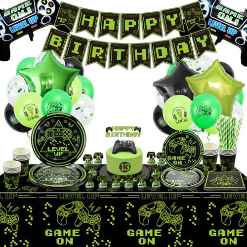 159Pcs Video Game Party Decorations - Gaming Decorations Include Game On Plates, Napkins, Cups, Banner, Game Balloons, Glow Stickers Birthday Decorations for Boys Game On Birthday Party Supplies