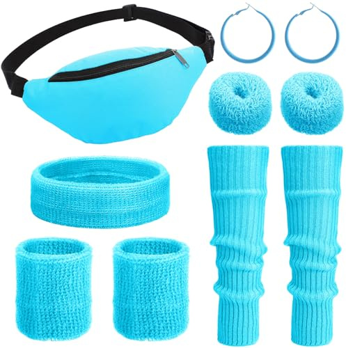 Haysandy 80s Costume Accessories for Women, Neon Leg Warmers Headband Wristbands Earrings Hair Rings for Cosplay (Sky Blue)