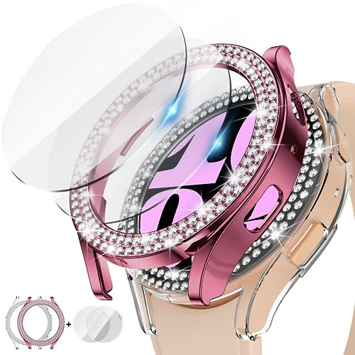 [2+2Pezzi] Kamita Custodia Diamante Compatibile con Samsung Galaxy Watch 6 44mm, 2 Pellicola Protettiva in Vetro Temperato e 2 Brillantini Duro PC Bumper Case Cover per Galaxy Watch6 (Chiaro+Rosa)