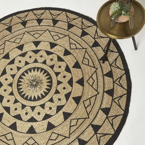 Homescapes Mandala Teppich rund 200 cm, Jute-Teppich schwarz-Natur, runder Teppich geflochten, geometrisch Gemustert