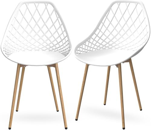 LEWE 2er Set Gartenstühle Wasserdicht, mit Netz Armless Rückenlehne und verstellbaren Holzfüßen, stabile Terrassenstühle, Outdoor & Indoor Stühle, für Esszimmer, Terrasse, Balkon - Weiß