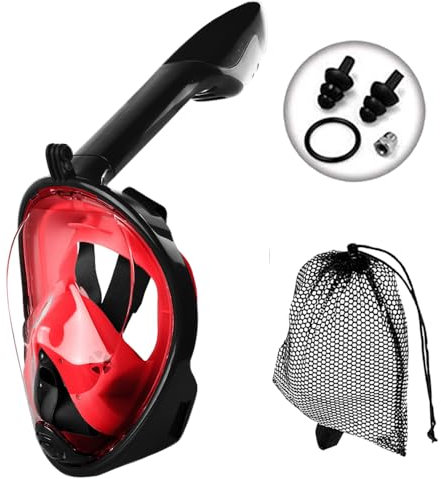 JRing Snorkel Mask Full Face 180° Panoramic View Safe Breathing System Diving Mask with Adjustable Strips and Action Camera Mount Anti-Fog Anti-Leak Snorkeling Mask Set for Adults and Kids