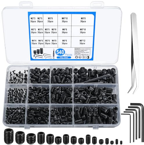 540 Pièces Vis Sans Tête, Assortiment de Vis à Tête Hex Creux, Vis à Tête Hexagonale en acier allié, M2/M3/M4/M5/M6/M8 Vis Écrous de Fixations avec Clé pour Poignées de Porte, Robinet