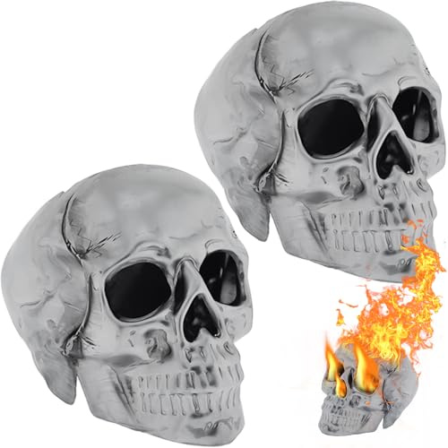 2 Stück imitierter menschlicher Totenkopf-Gasscheit für Innen- oder Außenbereich, aus Metall, langlebig für mehr als 10 Jahre, Feuerstellen, Halloween-Dekoration, Totenkopf, Anthrazit (feuerfest)