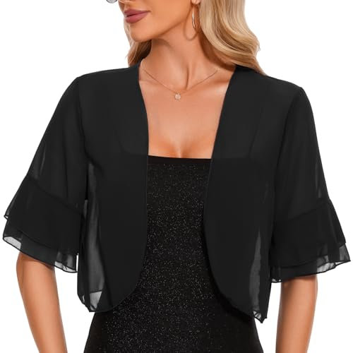 Atxnn Women's Bolero Shrug Summer Chiffon Cropped Cardigan Tops UK Ruffled Half Sleeve Jacket Ladies Open Front Sheer Shrugs Shawl, Black M