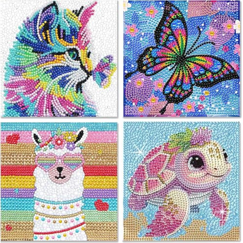 Aieraczy 4 Stück 5D Diamond Painting Bilder Kinder, Diamond Painting Full Set, Diamond Painting Tiere Klein, DIY Diamant Malerei, Basteln Mädchen 6-12 Jahre, für Geschenk Junge, Erwachsene