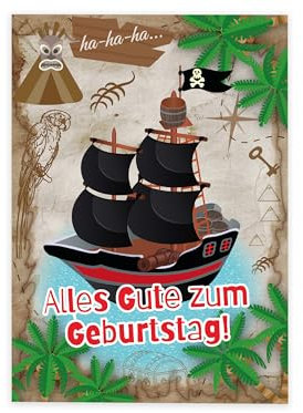 XXL A4 Glückwunschkarte zum Geburtstag Geburtstagskarte Geburtstagsgruß Grußkarte Happy Birthday Jungen Jungs große Klappkarte Gratulazionskarte Piratenschiff Piraten