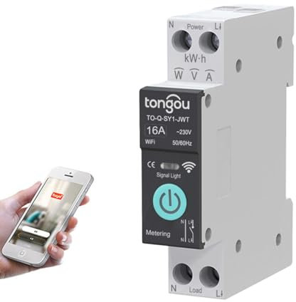 Interrupteur sans fil Wifi Tuya,1P 10A 16A 20A 25A 32A 40A 50A 63A DIY Interrupteur Intelligent TUYA/Smart Life APP Remote Contrôle, Commande Vocale et Timmer, WiFi Smart Switch avec Mesure (16A)