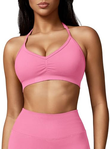 ZAAYO Soutien-gorge de gym rembourré pour femme - Dos croisé - Fitness - Rembourrage amovible - Yoga - Haut tricoté sans coutures, Rose clair, M