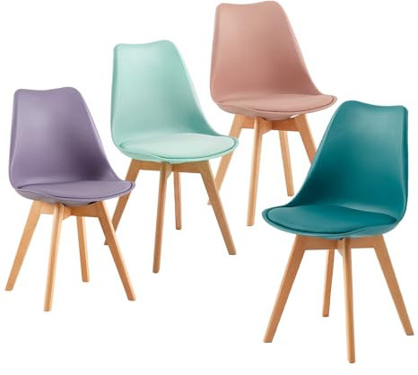 EGGREE 4er Set Esszimmerstühle mit Massivholz Buche Bein SGS Geprüfter Skandinavisch Design Gepolsterter Stuhl Küchenstuhl Holz,Rauchrosa+Türkis+Mintgrün+Violettgrau