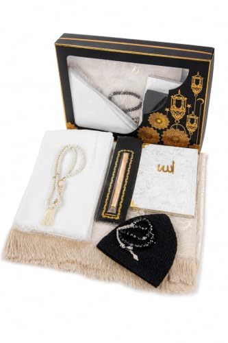 ihvan online, Islamisches Gebetsgeschenk-Set, 99 & 33 Perlen-Perlen, Yaseen-Buch, muslimischer Gebetsteppich, Miswak, muslimischer Kufi-Hut, Hijab, islamisches Luxus-Geschenk-Set für Hadsch, Umrah,