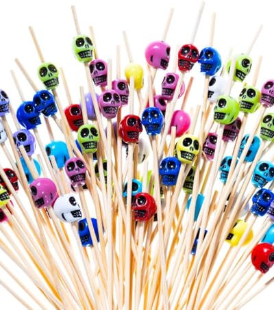 QLEUIFT 200 PCS Spiedini in Legno, spiedini da Cocktail, 12 cm, a Forma di Cranio, in Legno, stuzzicadenti, Multicolore per Finger Food, a Forma di Cuore, per Cocktail, per Torte, Feste, Matrimoni
