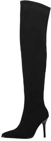 HSyc JRX Stivali invernali da donna in velluto sopra il ginocchio con tacco a spillo, Nero , 41.5 EU