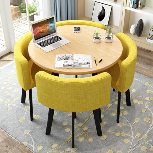 Modernes gelbes Büro-Empfangsset mit rundem Tisch und Stühlen, platzsparend, leicht zu reinigen, Essgruppe für Küche oder Clubraum, inklusive 1 Tisch und 4 Stühlen