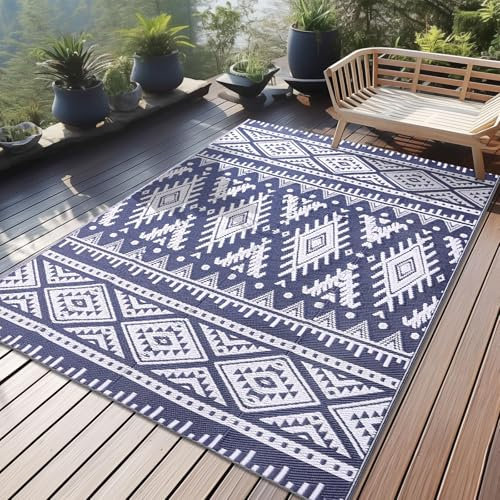 Homaxy Outdoor Teppich Wetterfest, Kunststoff Stroh Faltbar Waschbar UV-beständig Wendbar Balkon Garten Teppich für Terrasse Camping Picknick (120 x 180 cm, Marine Blau & Weiß)