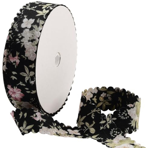 CABODYALS 18 m 25mm Blumendruckband Schwarzes Blumenmuster Drahtband Vintage Frühling Sommer Doppelt Gewellter Rand Stoffbänder Großpackung Mit Spule Zum Nähen Basteln Blumensträuße Weihnachtsbedarf