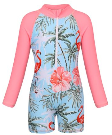 AmzBarley Swimming Costume Girls Swimsuit Kids One Piece Rash Guard Long Sleeve Swimwear Childs Mermaid Beach Holiday Swim Wear Pink Age 12-13 Years Size 160