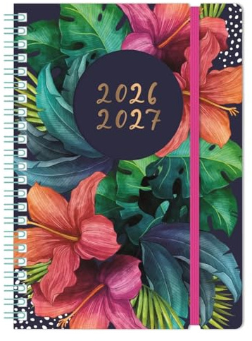 Akademischer Jahresplaner, A5, 2025–2026, Tagesansicht, Jahresmitte, Hardcover, Spiralbindung, elastischer Verschluss, Studenten, Lehrer, Planer (Blumenmuster)