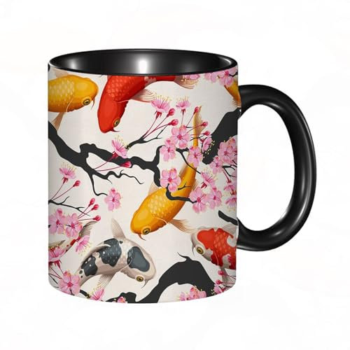 reyawdf Original Tasse mit lustigem Design,Japanische Sakura exotische Koi-Fisch-Kirschblüte,ethnische orientalis,330ml, für Kaffee- und Teeliebhaber, als Geschenk für Weihnachten, Geburtstag und mehr