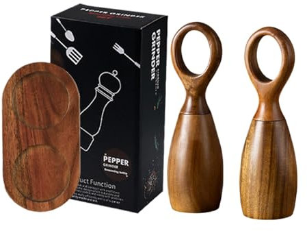 Wooden Salt Grinder, Pepper Mill Set, Ceramic Core Drill, Adjustable Coarseness Refillable Sturdy Elegant Design Non-Slip Base for Kitchen, 5.91x7.32x2.95 Inches