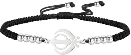 LIKGREAT Sikhismus Khanda Armband Gerechtigkeit Sikh Symbol Einstellbare Geflochtene Seil Armbänder Indien Religiöse Armbänder Schmuck für Männer Frauen (Schwarzes Seil-Silber)