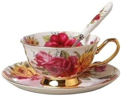 Tassen- und Untertassenset Kaffeetasse und Untertasse im Knochen-Design, Trinkgeschirr aus Porzellan, Teetasse aus Keramik mit Blumenmotiv und Tablett for den Haushalt und das Büro Teetassen-Set(Yello
