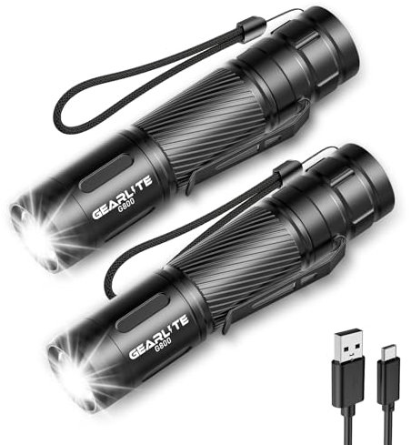 GEARLITE Led Taschenlampe Aufladbar, 2 Pack Superhelle Zoombare 2000 Lum Mini Torch mit 3 Lichtmodi & Langer Betriebsdauer, IP65 Wasserdichte Taktische Handlampe für Camping Angeln Wandern, Notfäll