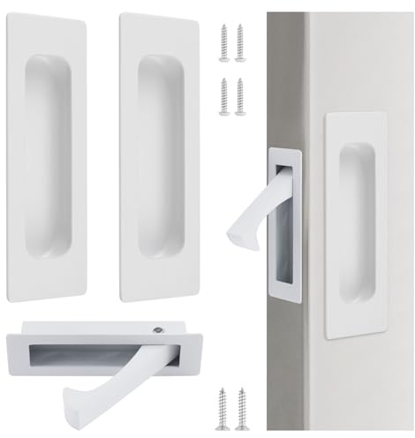 UFURMATE 1Pcs Flush Mount Door Pull and 2Pcs 6in Edge Pulls Stainless Steel Recessed Pocket Door Handle Set Sliding Door Pull Hardware for Closet (White)