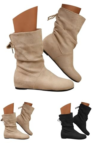 Generisch Botines planos para mujer, botas de vaquero para mujer, de piel, con cordones, botas de mujer, monocolor, elegantes, para exteriores, botas de invierno, informales
