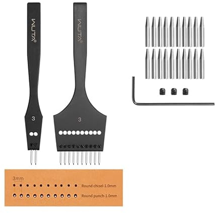 WUTA 3rd Gen Professional Leather Punch Tools, Removable Lacing Stitching Chisel Round Hole Kit for Leather Craft, DIY Belts, Bags, Wallets & Saddlery-3mm(2+10) Hole