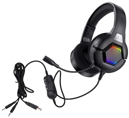 Tomvorks 3,5-mm-Gaming-Headset, Omnidirektionales Mikrofon, RGB-Beleuchtung, Lautstärkeregelung, Leichtes Gaming-Headset für PC-Konsole, Smartphone, Laptop, Gamer (Schwarz)