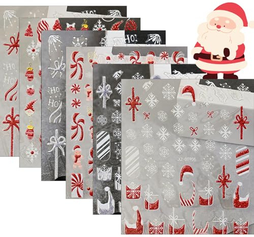 6 Sheets Christmas Nail Art Stickers - Red Gold Shimmer Decals Self Adhesive Nail Stickers with Snowflake Santa Hat Bow Gingerbread Pattern - Nail Accessories Decoration for Women Girls