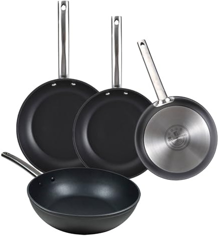 Set di 3 padelle Ø24Ø28Ø30 cm + Wok Ø28 cm in alluminio forgiato adatte all'induzione colore nero FOODIES MasterPRO